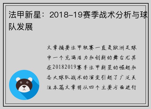 法甲新星：2018-19赛季战术分析与球队发展