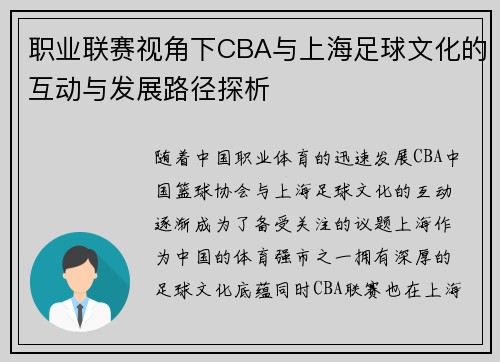 职业联赛视角下CBA与上海足球文化的互动与发展路径探析